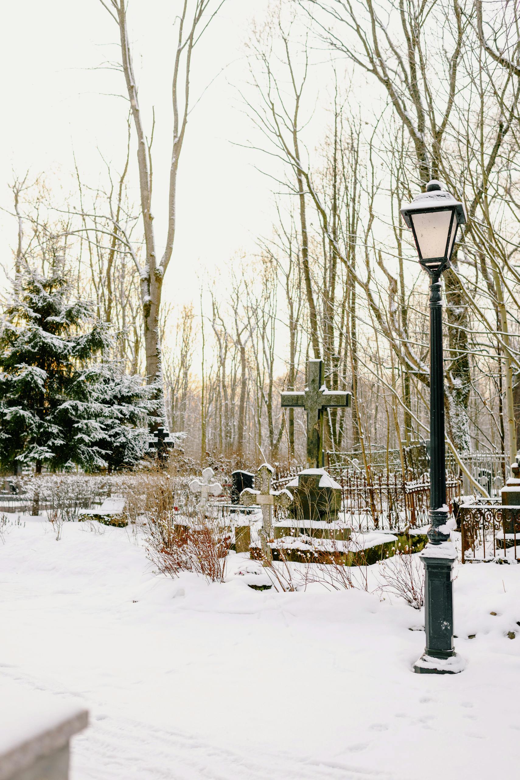 A Snow Covered Cemetery in Winter